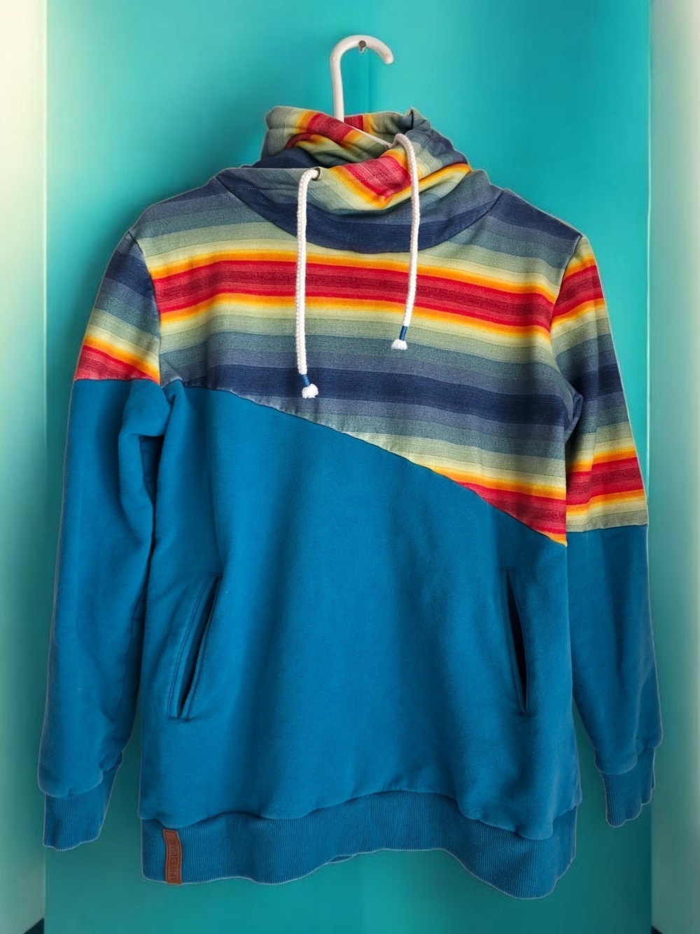Turquoise Pullover Hoodie with Multicolor Stripe Yoke